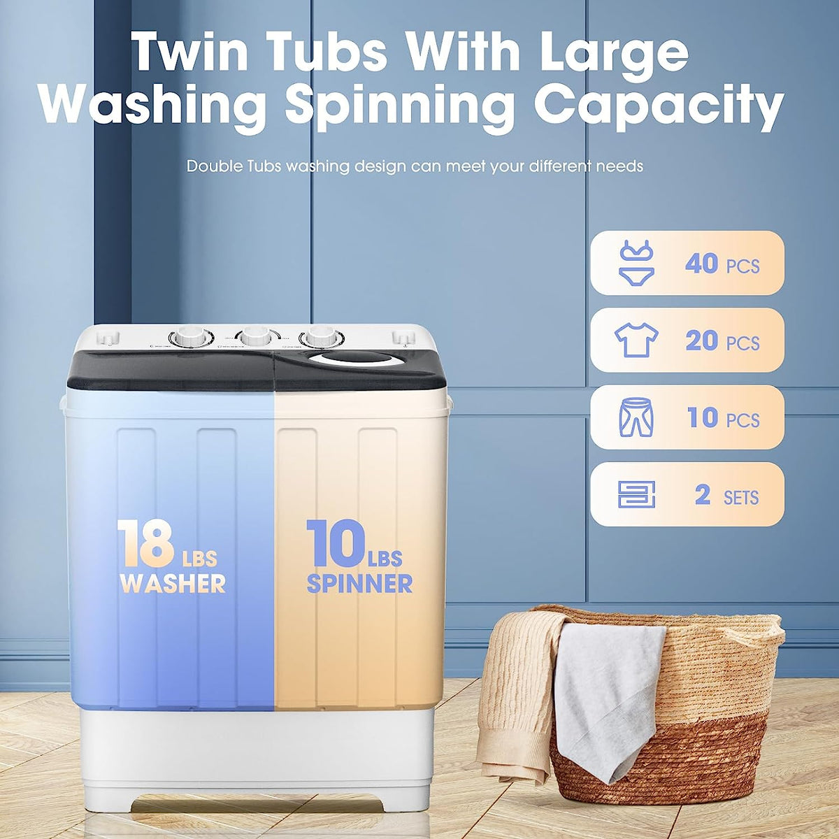 2in1 Twin Tub Mini Washing Machine - Wash & Spin Fast Laundry