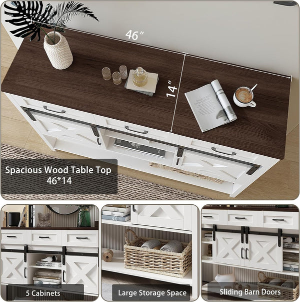 Farmhouse Entryway Table with Sliding Barn Doors, 46" Console Table with Storage &3 Drawers, Open Shelf Space, Industrial Sofa Table for Living Room, Entryway and Hallway