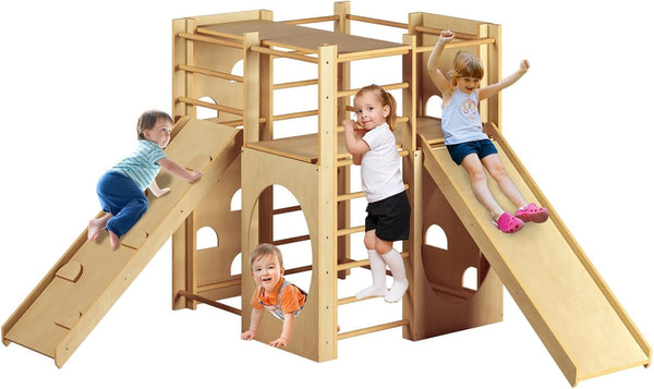 10 in 1 Jungle Gym, Indoor playground for Kids 1-3, Wooden Indoor Play Gym with Climbing Arch, Ladder, Slide, Ramp, Monkey Bars, Montessori Climbing Set Play Gym