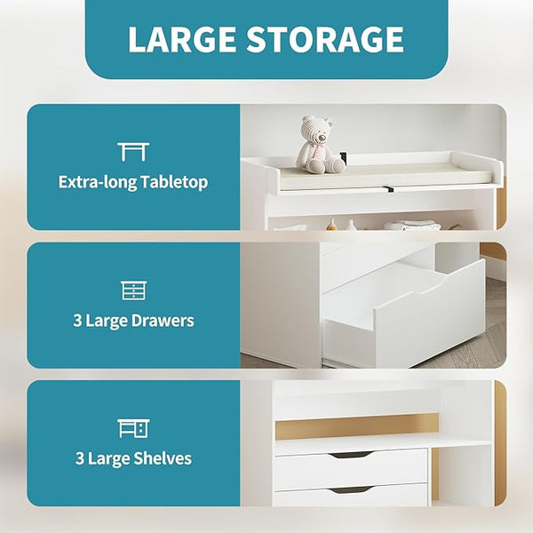 Baby Changing Table Dresser with 3 Drawers and 3 Storage Shelves, Can be Used as a Baby Dresser with Changing Table Top, a Baby Changing Station, a Wood Diaper Changing Station (White)