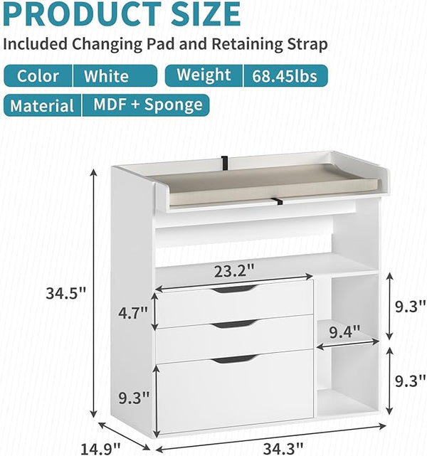 Baby Changing Table Dresser with 3 Drawers and 3 Storage Shelves, Can be Used as a Baby Dresser with Changing Table Top, a Baby Changing Station, a Wood Diaper Changing Station (White)