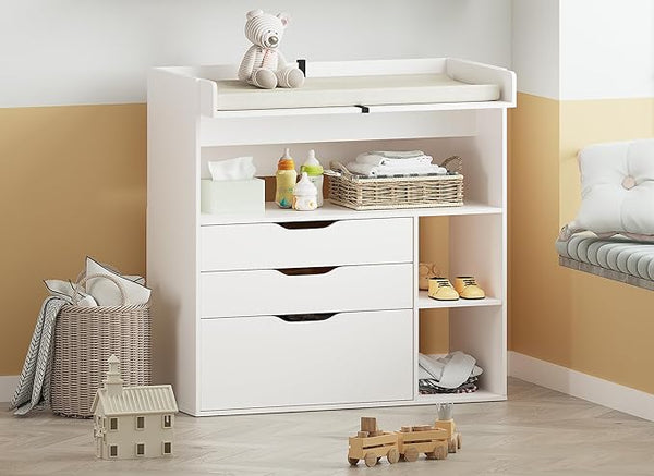 Baby Changing Table Dresser with 3 Drawers and 3 Storage Shelves, Can be Used as a Baby Dresser with Changing Table Top, a Baby Changing Station, a Wood Diaper Changing Station (White)