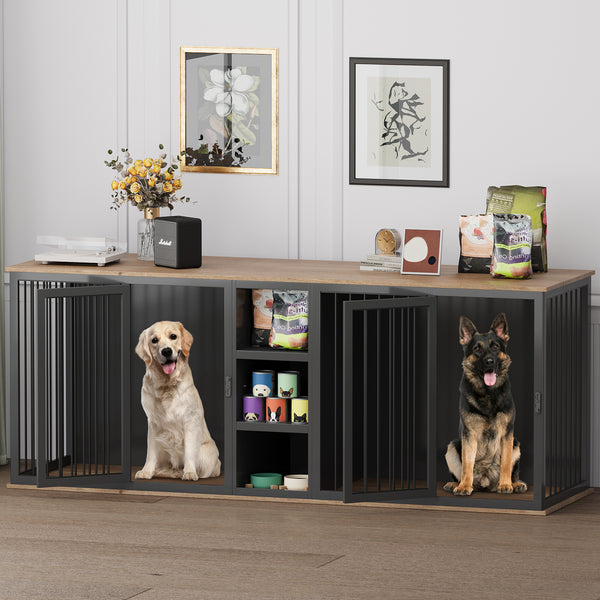 Large Dog Crate Furniture for 2 Dogs, 79.5'' Indoor Dog Kennel with Adjustable Shelves, All Steel Frame Heavy Duty Dog Crate with Wood Top, Double Dog Cage for Small Medium Large Dogs