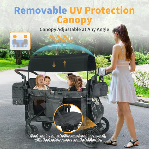 Wagon Stroller for 4 Kids, Linor Stroller Wagon 4 Seater Featuring Convertible High Seat, 5-Point Harnesses and Adjustable Canopy, Foldable Double Push Bar Baby Wagon for Camping