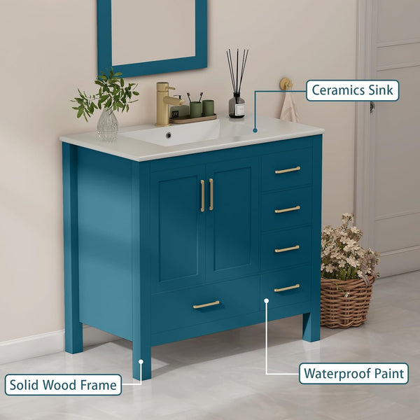 36" Bathroom Vanity with Sink and Faucet, Ceramic Countertop, Ceramic Sink, Mirror, Pop up Drain, Drain Pipe, 9/16'' Hot and Cold Pipes, Soft-Close Doors, and 5 Drawers