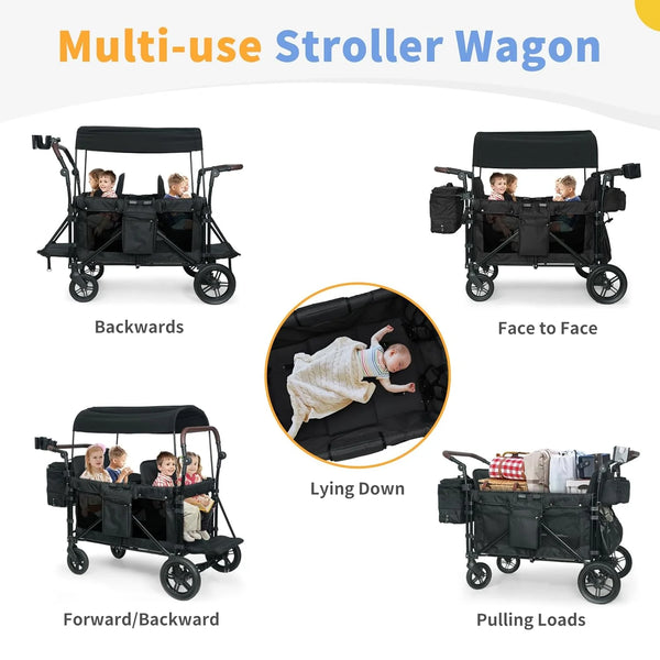 Wagon Stroller for 4 Kids, Linor Stroller Wagon 4 Seater Featuring Convertible High Seat, 5-Point Harnesses and Adjustable Canopy, Foldable Double Push Bar Baby Wagon for Camping