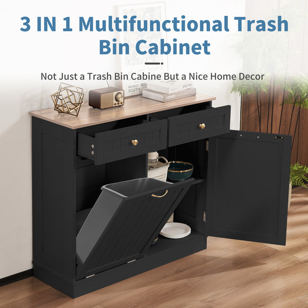 Tilt Out Trash Cabinet 10 Gallon, Kitchen Trash Can Cabinet with 2 Hideaway Drawers & Adjustable Shelf, Freestanding Trash Cabinet for Living Room, Bathroom, Laundry