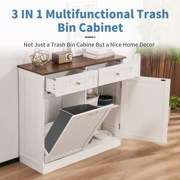 Tilt Out Trash Cabinet 10 Gallon, Kitchen Trash Can Cabinet with 2 Hideaway Drawers & Adjustable Shelf, Freestanding Trash Cabinet for Living Room, Bathroom, Laundry