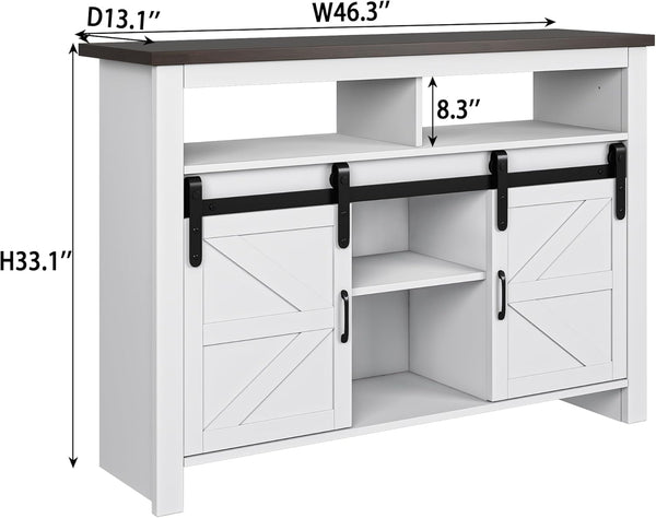 Farmhouse Console Table with Sliding Barn Doors, 46.3" Entry Table with 3 Drawers, Sofa Table with Storage, Open Shelf Space for Entry Way, Hallway, White