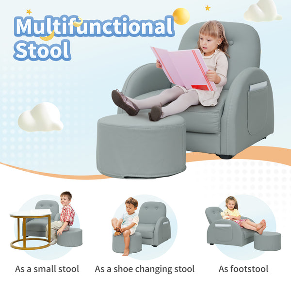 Kids Couch, Toddler Chair with Ottoman, Toddler Couch with 5 Adjustable Backrests, Leatherette Sofa Chair is Waterproof and Stain-Resistant, Kids Sofa for Girls and Boys