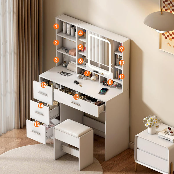 Makeup Vanity Desk with Lights and Mirror, 38.6" Modern White Vanity with 3 Drawers, 3 Color Lighting Mode