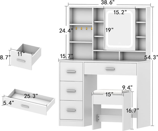 Makeup Vanity Desk with Lights and Mirror, 38.6" Modern White Vanity with 3 Drawers, 3 Color Lighting Mode