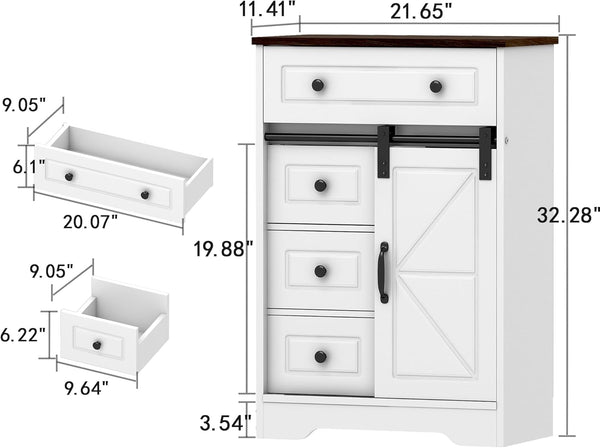 Bathroom Floor Cabinet, 32'' Farmhouse Storage Cabinet with Sliding Barn Door, 4 Drawers, Freestanding Coffee Bar Cabinet, Small Storage Cabinet Fits for Kitchen, Bathroom