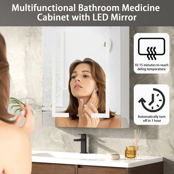 Medicine Cabinet with LED Mirror for Bathroom, Aluminum, Wall Mounted Led Medicine Cabinet, Defog, Stepless Dimming, 3 Colors, 2 Outlets, 2USB