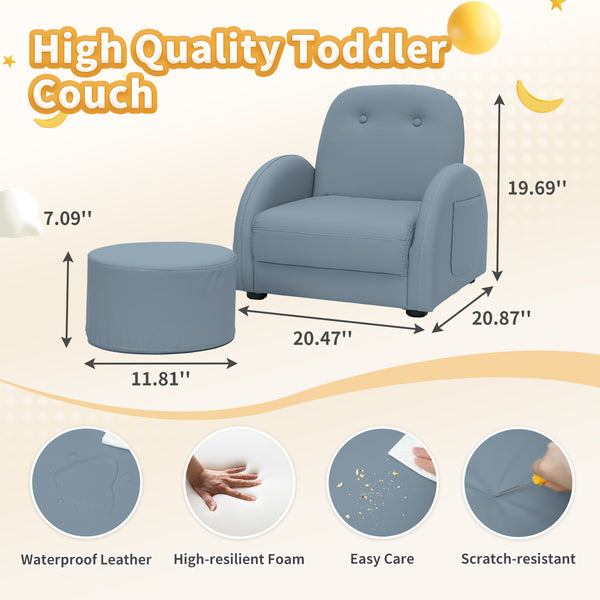 Kids Couch, Toddler Chair with Ottoman, Toddler Couch with 5 Adjustable Backrests, Leatherette Sofa Chair is Waterproof and Stain-Resistant, Kids Sofa for Girls and Boys