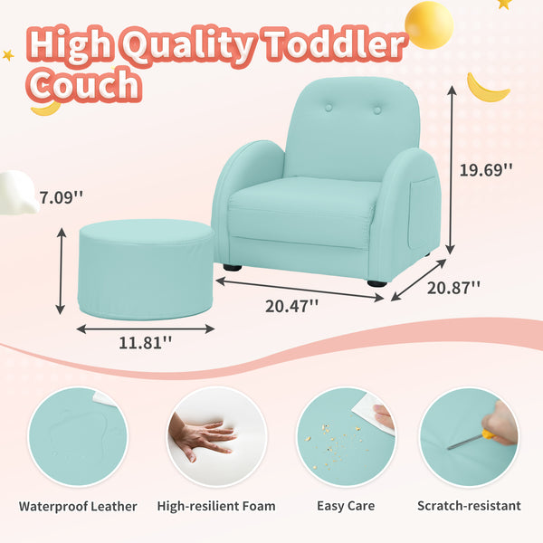 Kids Couch, Toddler Chair with Ottoman, Toddler Couch with 5 Adjustable Backrests, Leatherette Sofa Chair is Waterproof and Stain-Resistant, Kids Sofa for Girls and Boys