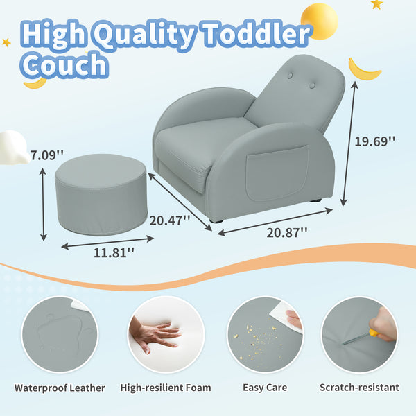 Kids Couch, Toddler Chair with Ottoman, Toddler Couch with 5 Adjustable Backrests, Leatherette Sofa Chair is Waterproof and Stain-Resistant, Kids Sofa for Girls and Boys