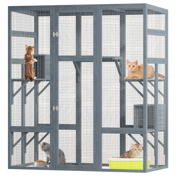 Catio, Large Outdoor Cat Enclosures, Fir Wooden Outdoor Cat House with 7 Platforms, 2 Resting Room, Cat House with Waterproof, UV Protection Roof, 61.8''L* 32.3''W* 70''H
