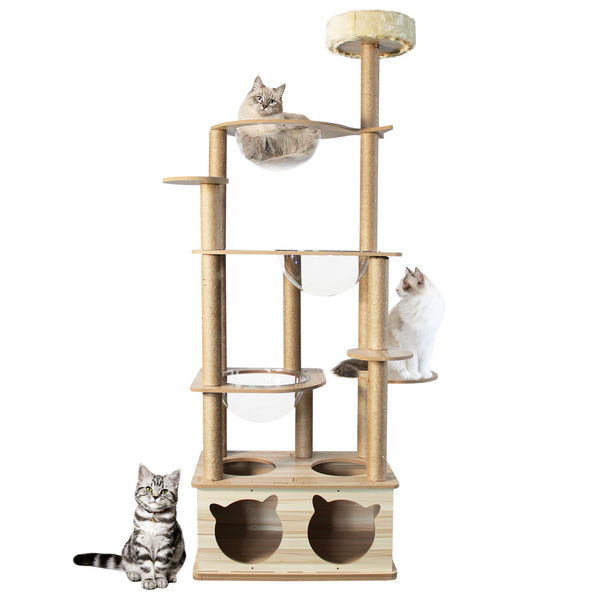 Cat Tree, Wooden Cat Tower with Scratching Post, 71'' Tall Cat Tree, Modern Large Cat Tower with 14 Scratching Posts, 3 Space Capsules, 2 Caves, Cat Trees for Indoor Large Cats