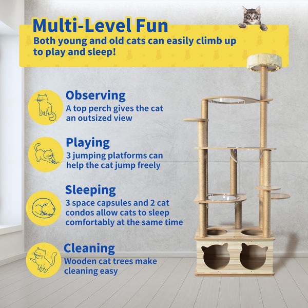 Cat Tree, Wooden Cat Tower with Scratching Post, 71'' Tall Cat Tree, Modern Large Cat Tower with 14 Scratching Posts, 3 Space Capsules, 2 Caves, Cat Trees for Indoor Large Cats