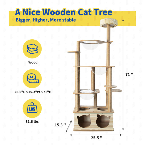 Cat Tree, Wooden Cat Tower with Scratching Post, 71'' Tall Cat Tree, Modern Large Cat Tower with 14 Scratching Posts, 3 Space Capsules, 2 Caves, Cat Trees for Indoor Large Cats