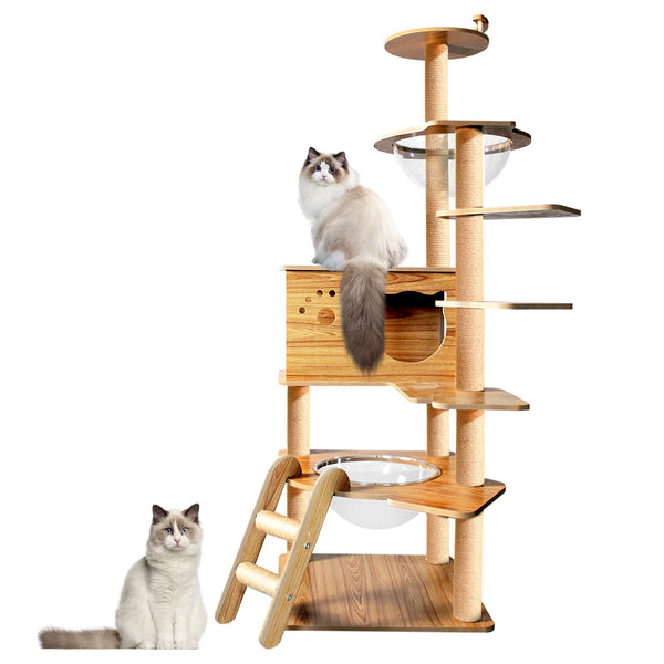 Cat Tree, Modern Cat Tower, 6 Multi-Level Jumping Platforms Tall Cat Tower, Wooden Cat Tree with 12 Scratching Posts, Space Capsules, Condo, Climbing Step, 59.6'' Cat Trees for Indoor Large Cats