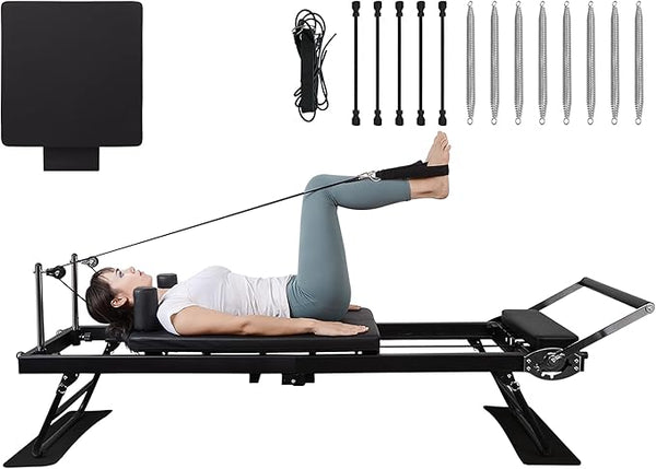 Pilates Reformer, Foldable Pilates Reformer Machine with a Complimentary Pair of Drawstring Sets, Pilates Machine for Fome with Dual Resistance- Springs and Jump Board Up to 400 LBS