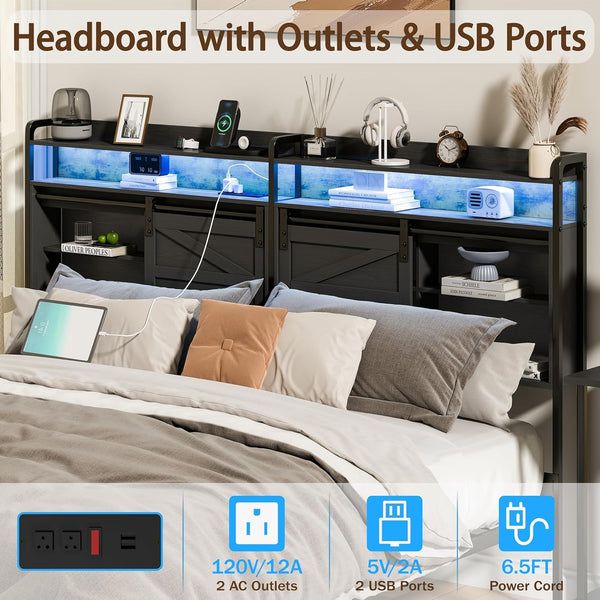 Headboard Queen Size, 3-Tier Storage Headboard with Outlets, USB Ports and LED Light, Queen Headboard Only with Sliding Barn Doors, Width Adjustable, Queen Headboard for Queen Size Beds