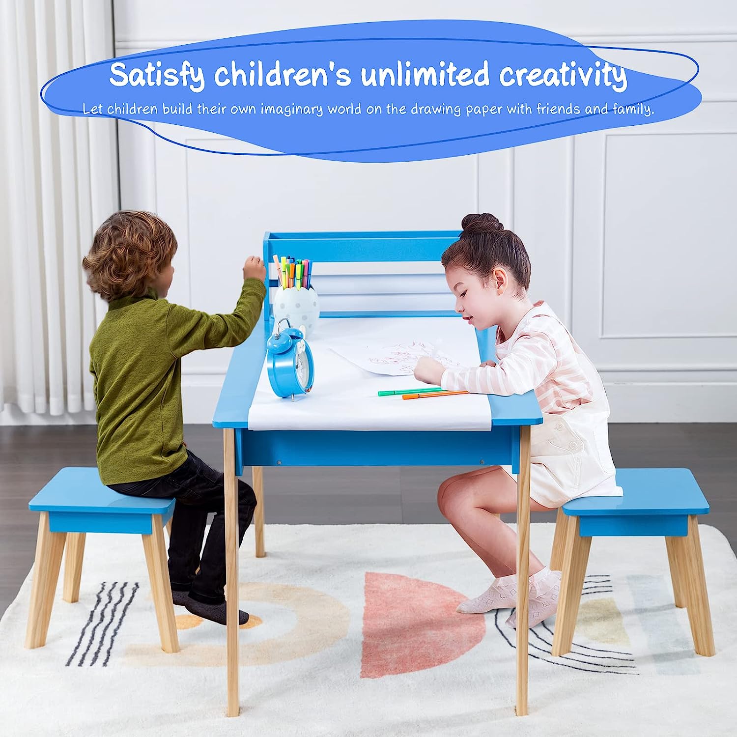 Kids Art Table, 2-in-1 Kids Craft Table and Chair Set , Wooden Painting Art Easel Set, Toddler Activity Table, Kids Arts and Crafts Ages 3-12, Blue
