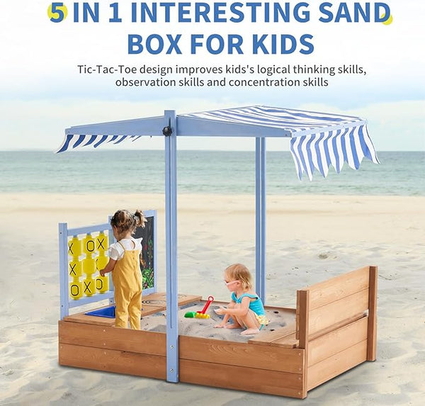 Sandbox with Canopy, 47.2'' Kids Large Wooden Sand Box with Tic-Tac-Toe, Liner, Drawing Board, Sink, Adjustable Roof, Sand Boxes for Backyard Garden, Sand Pit for Beach Patio Outdoor