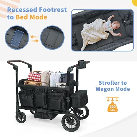 Wagon Stroller for 2 Kids, Stroller Wagon for 2 Kids Featuring 2 High Seat with Footwell, 5-Point Harnesses and Adjustable Canopy, Foldable Double Push Bar Baby Wagon for Camping, Stroller (Black)