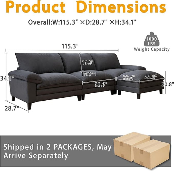 L Shape Sofa Couchs with Ottoman, Cloud Couch 3 Seater Couch Sectionals for Living Room, Deep Seat Sofa Furniture Modular Sofa