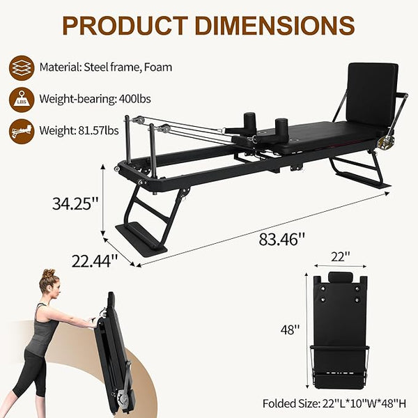 Pilates Reformer, Foldable Pilates Reformer Machine with a Complimentary Pair of Drawstring Sets, Pilates Machine for Fome with Dual Resistance- Springs and Jump Board Up to 400 LBS