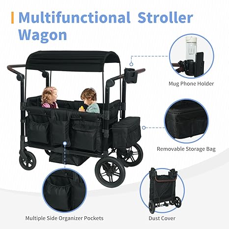 Wagon Stroller for 2 Kids, Stroller Wagon for 2 Kids Featuring 2 High Seat with Footwell, 5-Point Harnesses and Adjustable Canopy, Foldable Double Push Bar Baby Wagon for Camping, Stroller (Black)