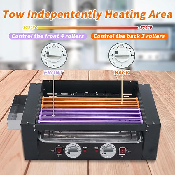 1400W Hot Dog Roller, 7 Rollers Large Capacity Hot Dog Machine, Dual Temp Control Stainless Hotdog Roller Grill with Glass Guard, LED Warm Light for Commercial, Party, BBQ