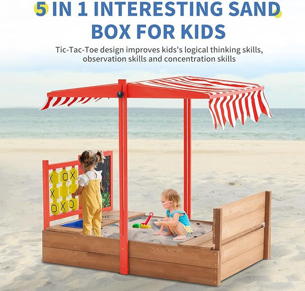 Sandbox with Canopy, 47.2'' Kids Large Wooden Sand Box with Tic-Tac-Toe, Liner, Drawing Board, Sink, Adjustable Roof, Sand Boxes for Backyard Garden, Sand Pit for Beach Patio Outdoor