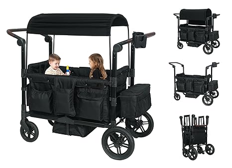 Wagon Stroller for 2 Kids, Stroller Wagon for 2 Kids Featuring 2 High Seat with Footwell, 5-Point Harnesses and Adjustable Canopy, Foldable Double Push Bar Baby Wagon for Camping, Stroller (Black)