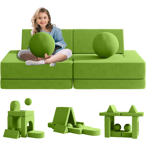 10pcs Kids Sofa Toddler Couch, Kids Couch Couch with 2 Balls and Tunnel, Toddler Sofa Kids Fold Out Couch for Playroom Bedroom, Creative Baby Couch Kids Foam Couch