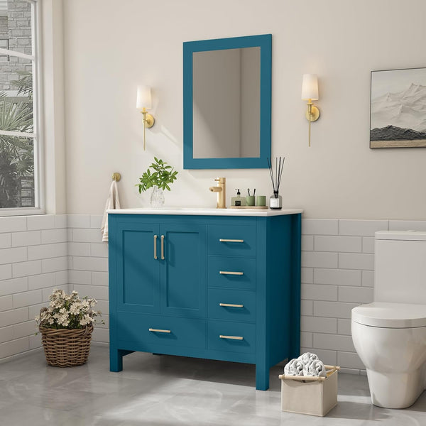 36" Bathroom Vanity with Sink and Faucet, Ceramic Countertop, Ceramic Sink, Mirror, Pop up Drain, Drain Pipe, 9/16'' Hot and Cold Pipes, Soft-Close Doors, and 5 Drawers