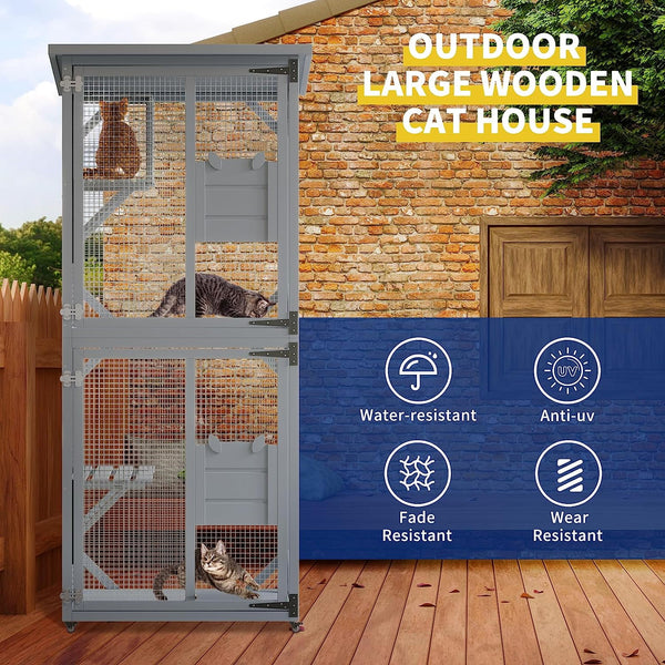 Catio, Outdoor Cat Enclosure with 3 Platforms, Outdoor Cat House with Fir Wood, Weatherproof Kitty Catio with Resting Box, 4 * 360° Wheels