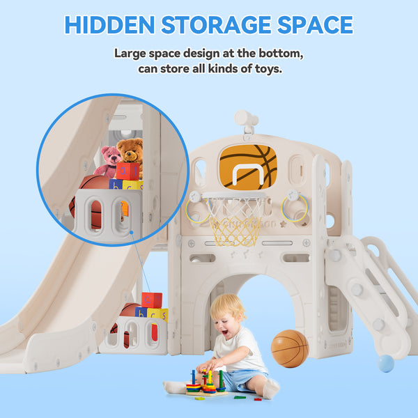 Toddler Slide, 8 in 1 Toddler Indoor Outdoor Playset with Slide, Climber, Basketball Hoop and Ball, Tunnel Crawl, Telescope and Storage Space, Kids Playground Sets for Backyards & Indoor