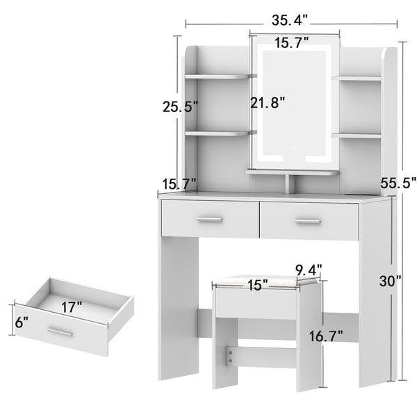 Makeup Vanity Desk with Lights and Mirror, 35.4" Modern White Vanity with 2 Drawers&Power Outlet, 3 Color Lighting Mode, Bedroom Vanity Desk for Women, Girls