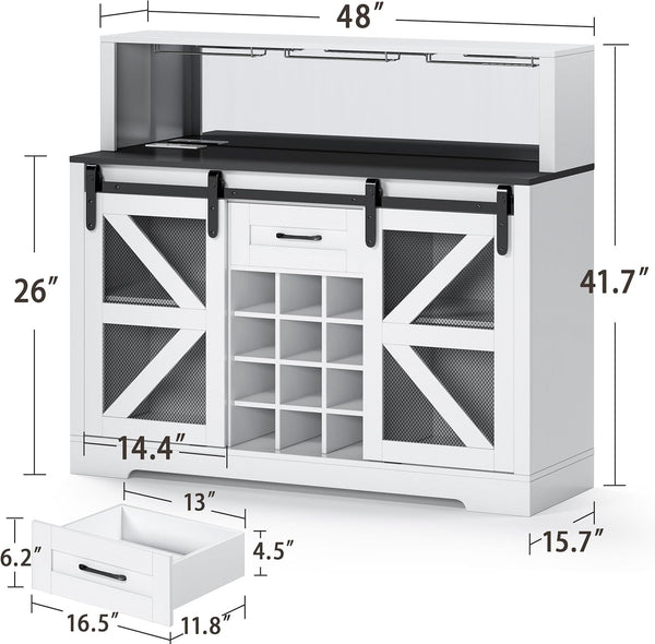 Coffee Bar Cabinet with LED Light, 48" Farmhouse Bar Cabinet with 12 Wine Racks and Power Outlet, Storage Shelves and Sliding Barn Door