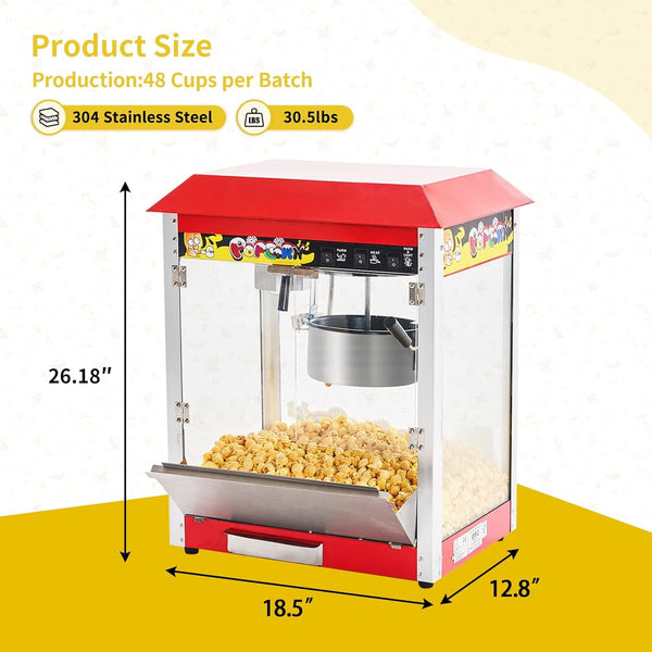 10 oz Commercial Hot Air Popcorn Maker, 1300W 60 Cups per Batch