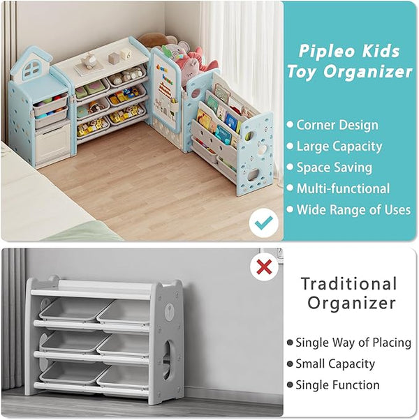 Kids Toy Storage Organizer with 10 Removable Bins, Foldable Toy Organizers and Storage with 3-Tier Bookshelf for Kids Toy Storage Organizer with Drawing Board, Extra 3 Brushes