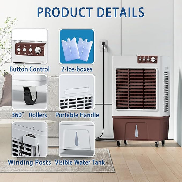 Evaporative Cooler, 3500CFM Evaporative Air Cooler with 8 Gal Large Tank, 130°Oscillation Swamp Cooler Air Conditioner with Push Button, 2 Ice Packs, 3 Wind Speeds Air Cooler for Room InOutdoor