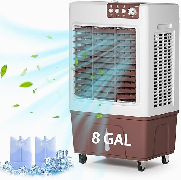 Evaporative Cooler, 3500CFM Evaporative Air Cooler with 8 Gal Large Tank, 130°Oscillation Swamp Cooler Air Conditioner with Push Button, 2 Ice Packs, 3 Wind Speeds Air Cooler for Room InOutdoor