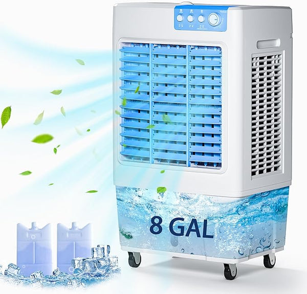 Evaporative Cooler, 3500CFM Evaporative Air Cooler with 8 Gal Large Tank, 130°Oscillation Swamp Cooler Air Conditioner with Push Button, 2 Ice Packs, 3 Wind Speeds Air Cooler for Room InOutdoor