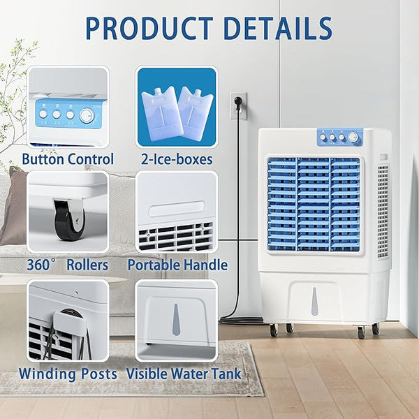 Evaporative Cooler, 3500CFM Evaporative Air Cooler with 8 Gal Large Tank, 130°Oscillation Swamp Cooler Air Conditioner with Push Button, 2 Ice Packs, 3 Wind Speeds Air Cooler for Room InOutdoor