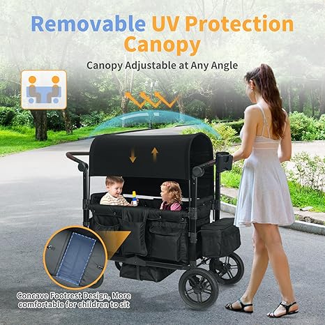 Wagon Stroller for 2 Kids, Stroller Wagon for 2 Kids Featuring 2 High Seat with Footwell, 5-Point Harnesses and Adjustable Canopy, Foldable Double Push Bar Baby Wagon for Camping, Stroller (Black)